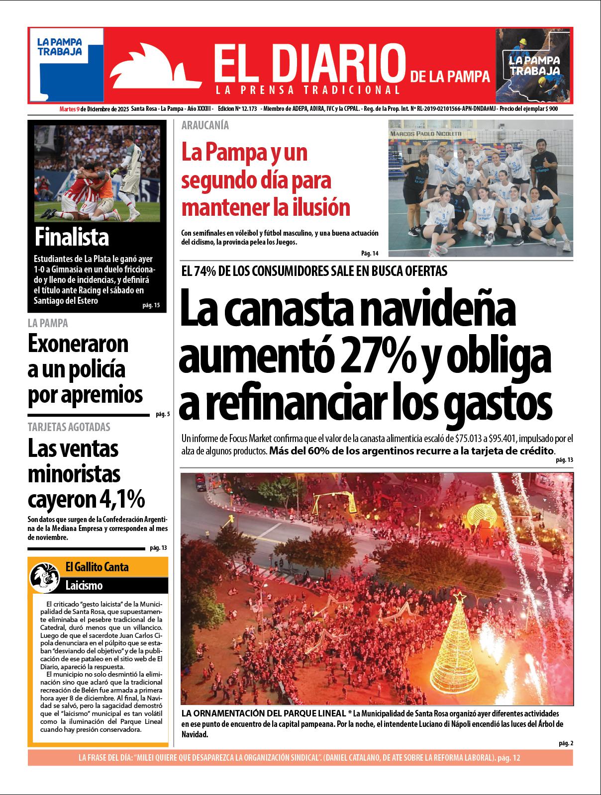 Tapa de El Diario en papel  martes 09 de diciembre de 2025